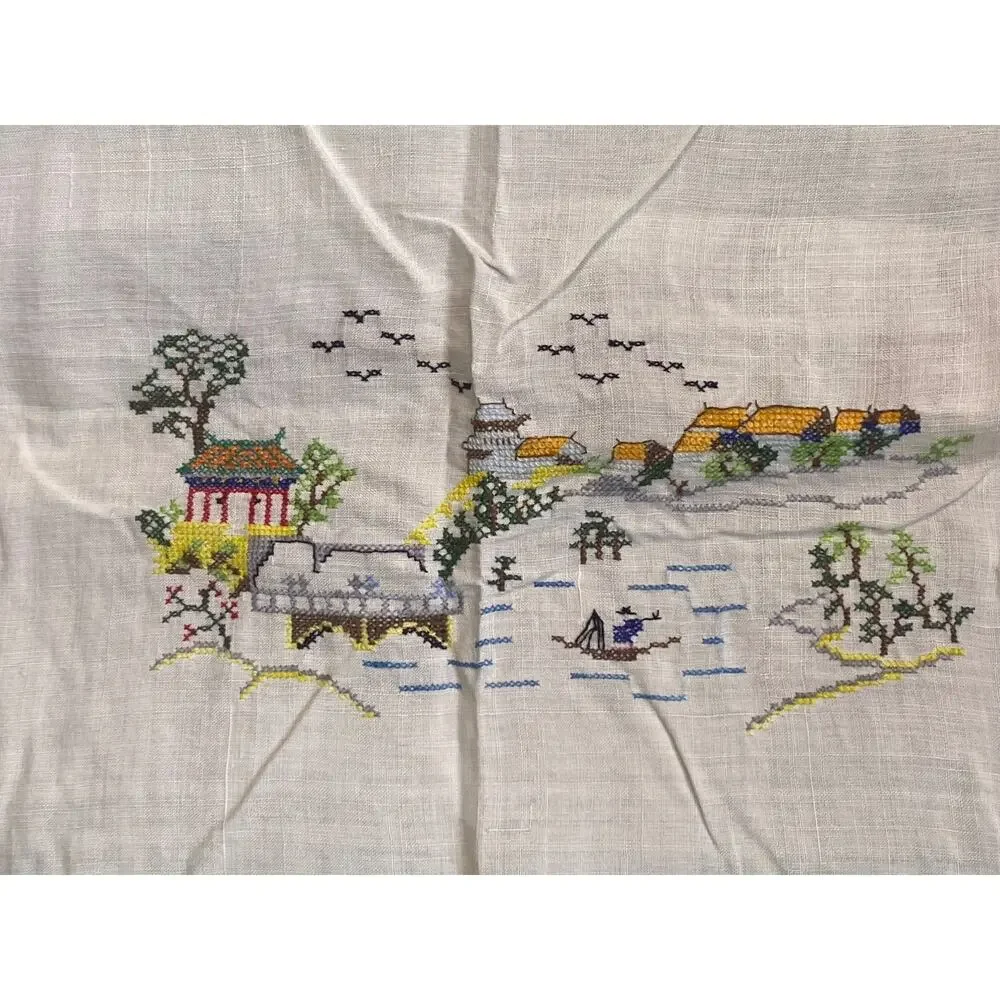 Vintage Chinese Linen Card Table Cloth Petit Embroidery Work 48x48